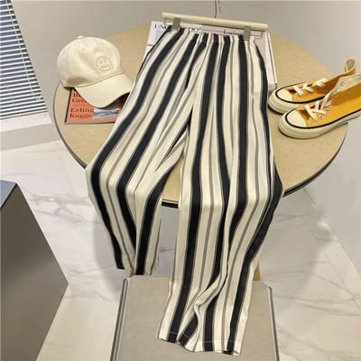 Zwart-wit gestreepte rechte pijp casual broek voor dames in de zomer nieuwe hoge taille afslankende losse wijde pijp lange broek L white