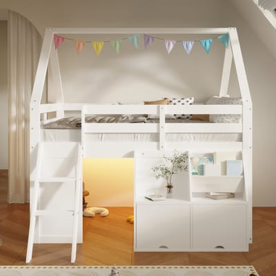 Kinderbed in huisvorm - Wit houten kinderbed - Hoogslaper 140x200 - Met veilige trap - 205x194,5x177,6cm - Spelen en slapen - Voor kinderkamer Wit