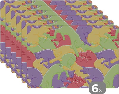 Placemat - Placemats kunststof - Katten - Regenboog - Kinderen - Pastel - Patronen - 45x30 cm - 6 stuks - Hittebestendig - Anti-Slip - Onderlegger - Afneembaar