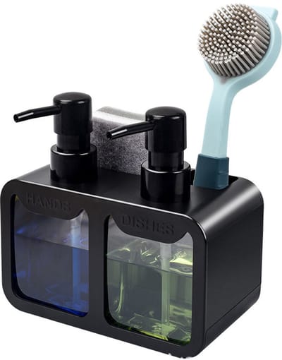 BOTC Dubbele Zeepdispenser - 4-in-1 Organizer - Sponshouder en Borstelhouder - Keukenhandzeep- en afwasmiddeldispenser - Zwart