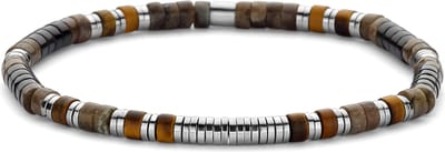 Frank 1967 - 7FB-0762 - platte kralenarmband heren - zwart agaat, labradoriet en staal - 4*2 mm