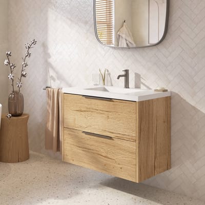 Saqu Lima badmeubel incl. glans witte wastafel 60x51x64cm eiken marcato – gunmetal greep