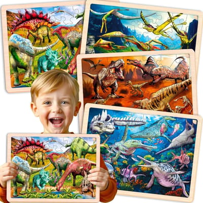 Houten Puzzels Kinderen - Legpuzzel Set - Educatief Spel - Set van 4 - 4x36 Stukjes - Dino