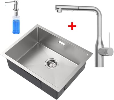 Auralum Max Spoelbak voor keuken 55x44cm - Spoelbak Keuken Met Keukenkraan en Zeepdispenser 300ML - Spoelbakken met sifon en overloopset - Enkele spoelbakken - RVS