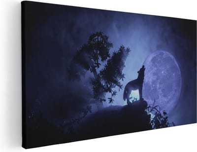 Artaza Canvas Schilderij Wolf - 40x20 cm - Klein - Wanddecoratie Huilende Wolf - Muurdecoratie Volle Maan - Schilderij Dieren - Paars