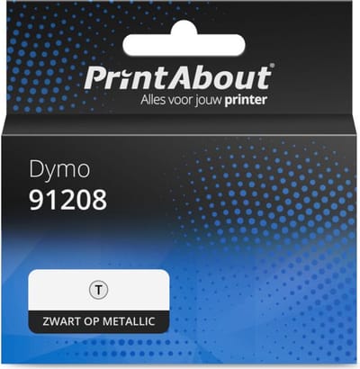 PrintAbout huismerk Tape 91208 (S0721730) Zwart op metallic (12 mm) Geschikt voor Dymo