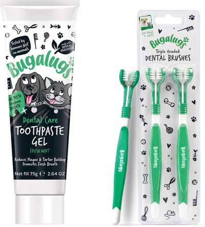 Bugalugs - Dierentandenpasta en driekoppige tandenborstel - Voor honden en katten - Gebitsverzorging - Starterset