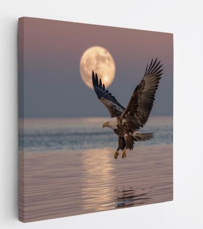 Saammp Canvas Schilderij - Zeearend met volle maan - Dieren - Bloemen - 20x20 - Foto op canvas - Wanddecoratie - muurdecoratie Woonkamer - Slaapkamer decoratie - Canvas Print