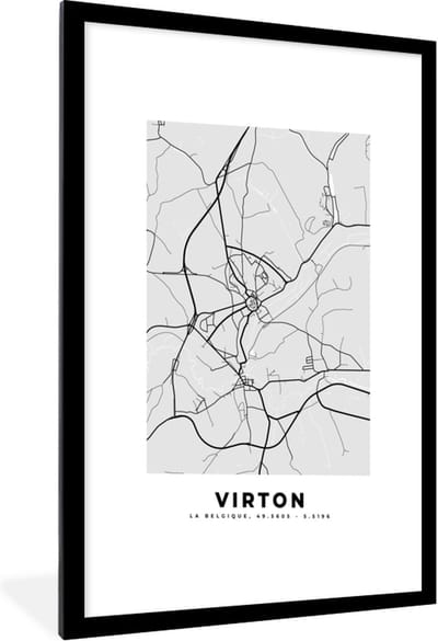 Fotolijst incl. Poster Zwart Wit- Stadskaart – Plattegrond – België – Zwart Wit – Virton – Kaart - 60x90 cm - Posterlijst