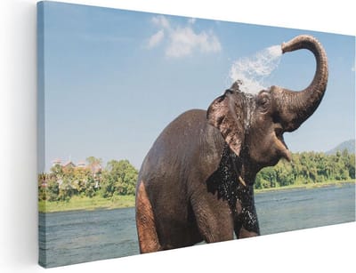 Artaza Canvas Schilderij Olifant - 40x20 cm - Klein - Wanddecoratie Dieren - Muurdecoratie Rivier Thailand - Schilderijen Op Canvas
