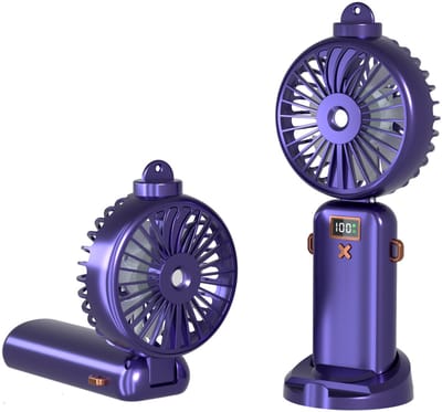 Draagbare Handventilator - Stille Mini Ventilator met Waterverneveling - USB Oplaadbare Vernevelingsventilator met 5 Snelheden en LED Display - 90° Opvouwbare Reisventilator voor Festival, Camping en Kantoor - 2500mAh - Paars