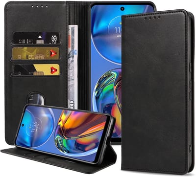 Smartphonica Telefoonhoesje Geschikt voor Motorola Moto E32 Kunstleer met Magnetische sluiting en Pasjeshouders Bookcase met Klepje - Zwart geschikt voor Motorola Moto E32