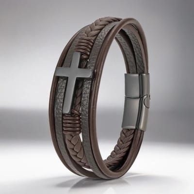 Heren Armband Leer - Bruin met Zwart Kruis - 21cm - Armbanden - Vaderdag Cadeau Geschenk - Mannen Cadeautjes