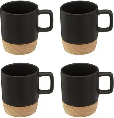 Secret de Gourmet Koffiekopjes/espressokopjes - 4x stuks - aardewerk - zwart - 120 ml - met onderzetters
