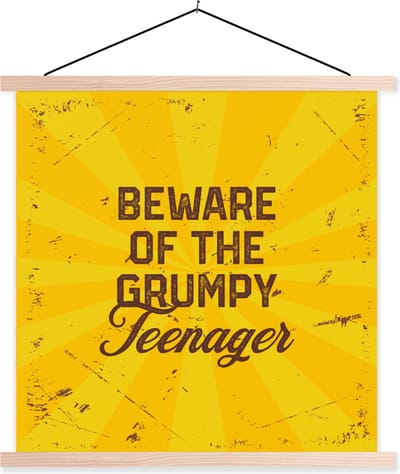 Posterhanger incl. Poster 40x40 cm - Schoolplaat - Kinderen - Spreuken - Goud - Beware of the grumpy teenager - Textielposter - Blanke latten
