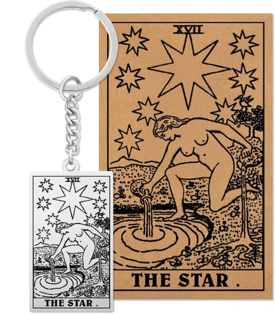 Tarot Sleutelanger XVII: De Ster / The Star - Op Cadeau Kaartje - Zilverkleurig Stainless Steel - Grote Arcana uit Rider-Waite Geïnspireerd - Pax Amare