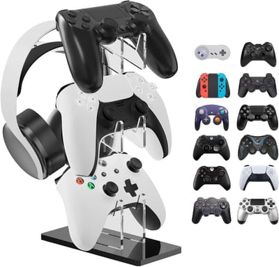 Universele 3-laags headsetstandaard en controllerstand voor gamingaccessoires, geschikt voor PS5, Xbox en Switch Pro controllers (Zwart)