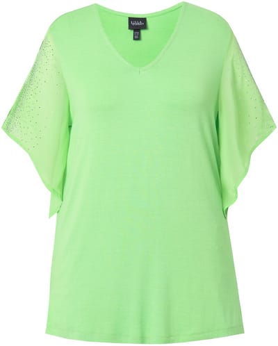 Ulla Popken - Dames - Tuniek glittersteentjes A-lijn V-hals 3/4-mouwen - Lichtgroen - Maat 42+