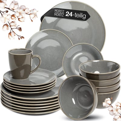 Moritz & Moritz SENSE 24-delige Serviesset voor 6 Personen – Modern Servies Aardewerk Grijs – Borden set met dinerborden, dessertborden, soepborden en kopjes