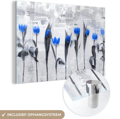 MuchoWow® Glasschilderij 60x40 cm - Schilderij acrylglas - Bloemen - Tulpen - Blauw - Foto op glas - Schilderijen