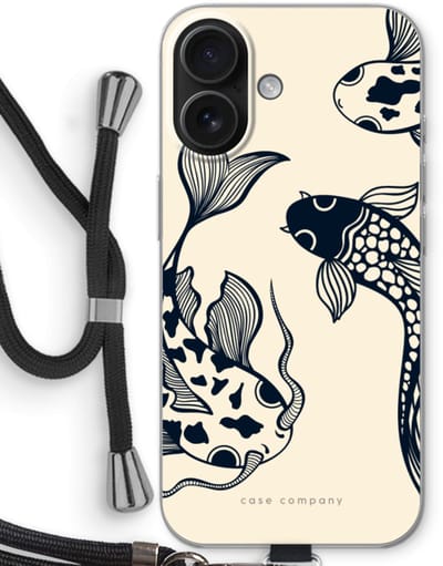 Case Company® - Hoesje met koord geschikt voor iPhone 16 hoesje met Koord - Black Koi - Telefoonhoesje met Zwart Koord - Bescherming aan alle Kanten en Over de Schermrand