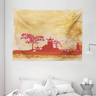 ABAKUHAUS Bloemenwandtapijt, Oosterse Landschap, 150 x 110 cm, Oranje Roze