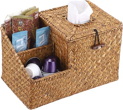 Cosmetische opbergdoos van zeegras met twee zijcompartimenten en multifunctionele vakken voor afstandsbediening en decoratie