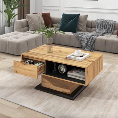 Sweiko Salontafel in houtnerf, met lade zonder handvat, één opbergvak en achtervak, dubbelzijdige opbergruimte. Kantoor, woonkamer bank tafel, grote opslagruimte