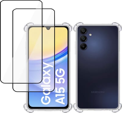 Hoesje + 2x Screenprotector geschikt voor Samsung Galaxy A15 – Full Screen Tempered Glass - Extreme Shock Case Transparant