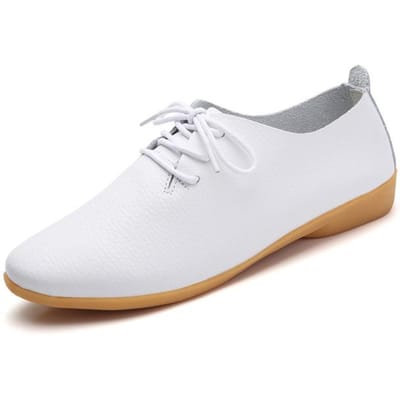 Nouvelles Chaussures Plates pour Femmes Oxford Ballerines Chaussures en Cuir Véritable Mocassins à Lacets Mocassins Chaussures de Luxe Femmes Zapatos De Mujer 41 blanc