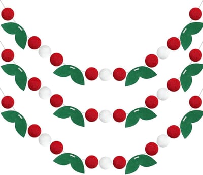 Kerst Pompoms Slinger met 60 Viltballen voor Kinderkamer, Verjaardagsfeest en Wanddecoratie (Rood + Wit + Groene Bladeren)