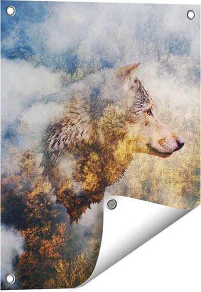 Gards Tuinposter Wolvenkop op een Herfstbos - Wolf - Abstract - 40x50 cm - Tuindoek - Tuindecoratie - Wanddecoratie buiten - Tuinschilderij