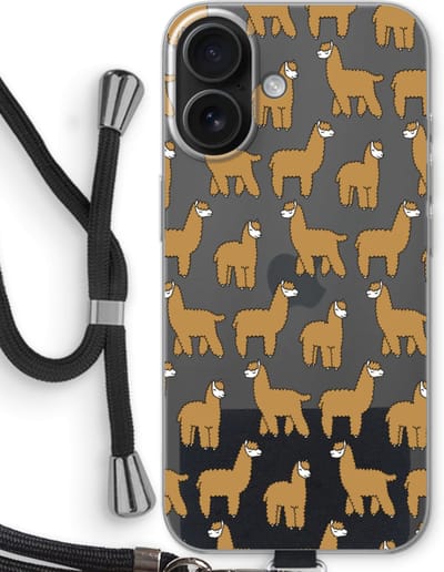 Case Company® - Hoesje met koord geschikt voor iPhone 16 hoesje met Koord - Alpacas - Telefoonhoesje met Zwart Koord - Bescherming aan alle Kanten en Over de Schermrand