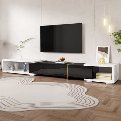 DESMIU Tv Meubel - Uitschuifbaar En Draaibaar Ontwerp Met Grote Opbergruimte - Voor Woonkamer - MDF En Spaanplaat - 140-260 Cm - Zwart Wit Marmerlook