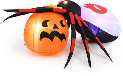 COSTWAY Opblaasbare Halloween-spin, griezelige spinnendecoratie met roterende ledlampen en pompoen, Halloween-decoratie voor feest, gazon, binnenplaats, zelfopblazend