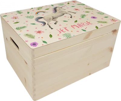 World of Mies memorybox eenhoorn met naam - Houten herinneringskist 30 x 40 x 23 cm - met handvaten - hoogwaardige kleurenprint in het hout - handgeschilderd design door Mies