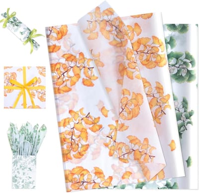 Ginkgo Tissue Paper 60 Vellen Herfst Kleurenschema voor Cadeauverpakking en Knutselen in Oranje en Groen