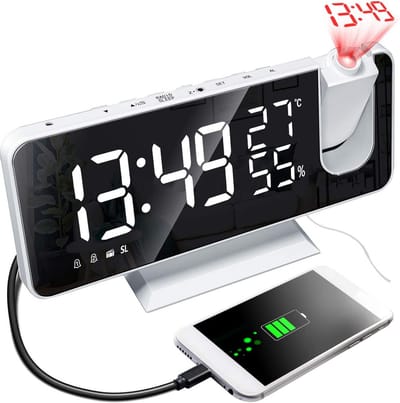 Digitale Projectie Wekker met Radio, Temperatuurmeter en USB Oplader - Spiegel LED Display