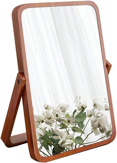 Stijlvolle Houten Taf spiegel met Stand, Vouwbare Make-up Spiegel, HD Rechthoekige Badkamer en Bureau Spiegel (Bruin)