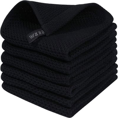 MODFU Keukenhanddoek Set 6 stuks - Zacht en Absorberend - 34x34 cm - Katoenen Theedoek met Haak - voor Afdrogen en Schoonmaken - Zwart
