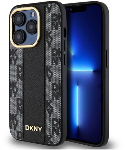 DKNY, Hoesje geschikt voor iPhone 15 Pro - MagSafe Compatibel met Ruitjespatroon Ultra-Chic, Zwart