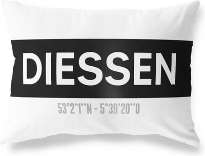 Tuinkussen DIESSEN - NOORD-BRABANT met coördinaten - Buitenkussen - Bootkussen - Weerbestendig - Jouw Plaats - Studio216 - Modern - Zwart-Wit - 50x30cm