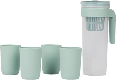 ROSALIE - Kunststof schenkkan met 4 drinkbekers - Tranparant / Blauw - Kan met filter - 1 liter - Slijt - en breekvast