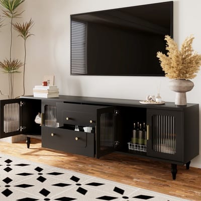 STILVORA TV-Meubel - Geribbelde Glazen Deuren En Gouden Grepen - Ruime Opbergruimte Met Drukopen Laden - Spaanplaat - 175x38x55,5 cm - Zwart