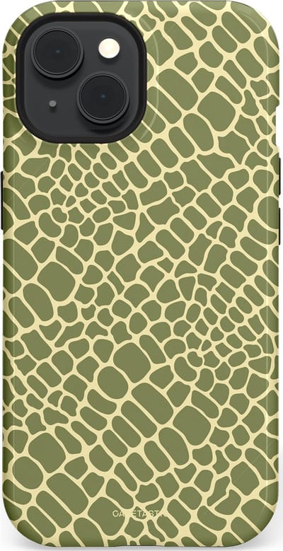 Casetastic hoesje geschikt voor Apple iPhone 15 - MagSafe - Dubbellaagse bescherming - Exotische Groen Geel Krokodillen Schubben - Fashion Case - Saliegroen Beige