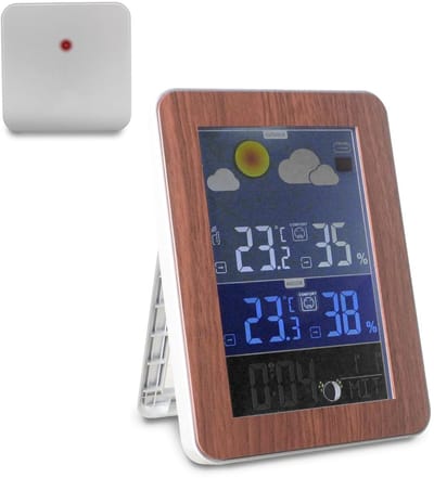 Weerstation Kleurendisplay - Buitensensor Binnen - Weersvoorspelling Thuis - Radio gestuurde Tijd - 16.8 x 11.8 cm - Hout Zilver