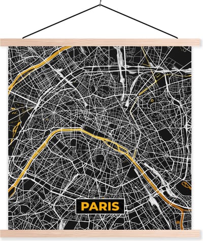 Posterhanger incl. Poster 40x40 cm - Schoolplaat - Frankrijk – Paris - Kaart – Plattegrond – Stadskaart - Textielposter - Blanke latten - Stadskaart