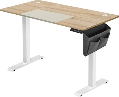 Elektrisch Zit Sta Bureau - Bureau in hoogte verstelbaar - elektrisch met geheugenfunctie - gesplitst blad - stoffen tas - traploos verstelbaar - 4 hoogtes uitgespaard - gemaakt van staal - wit-grijs - 140 x 60 x (72-120) cm