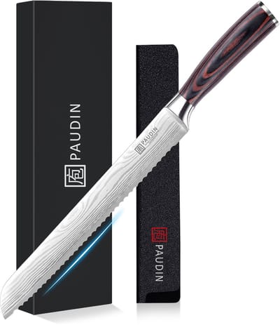 PAUDIN N14 - Broodmes - 25 cm Lemmet - Keukenmes met Damascus Patroon - Professioneel Broodmes Gekarteld - Inclusief Knifeguard