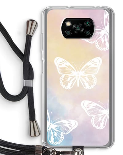 Case Company® - Hoesje met koord geschikt voor Poco X3 Pro hoesje met Koord - White butterfly - Telefoonhoesje met Zwart Koord - Bescherming aan alle Kanten en Over de Schermrand